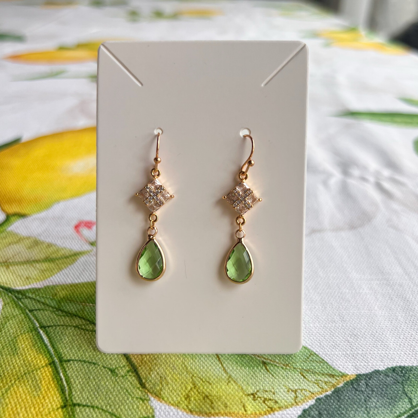 Peridot Lime Green Crystal Glass Diamond Square Shape Romantic Art Deco Earrings